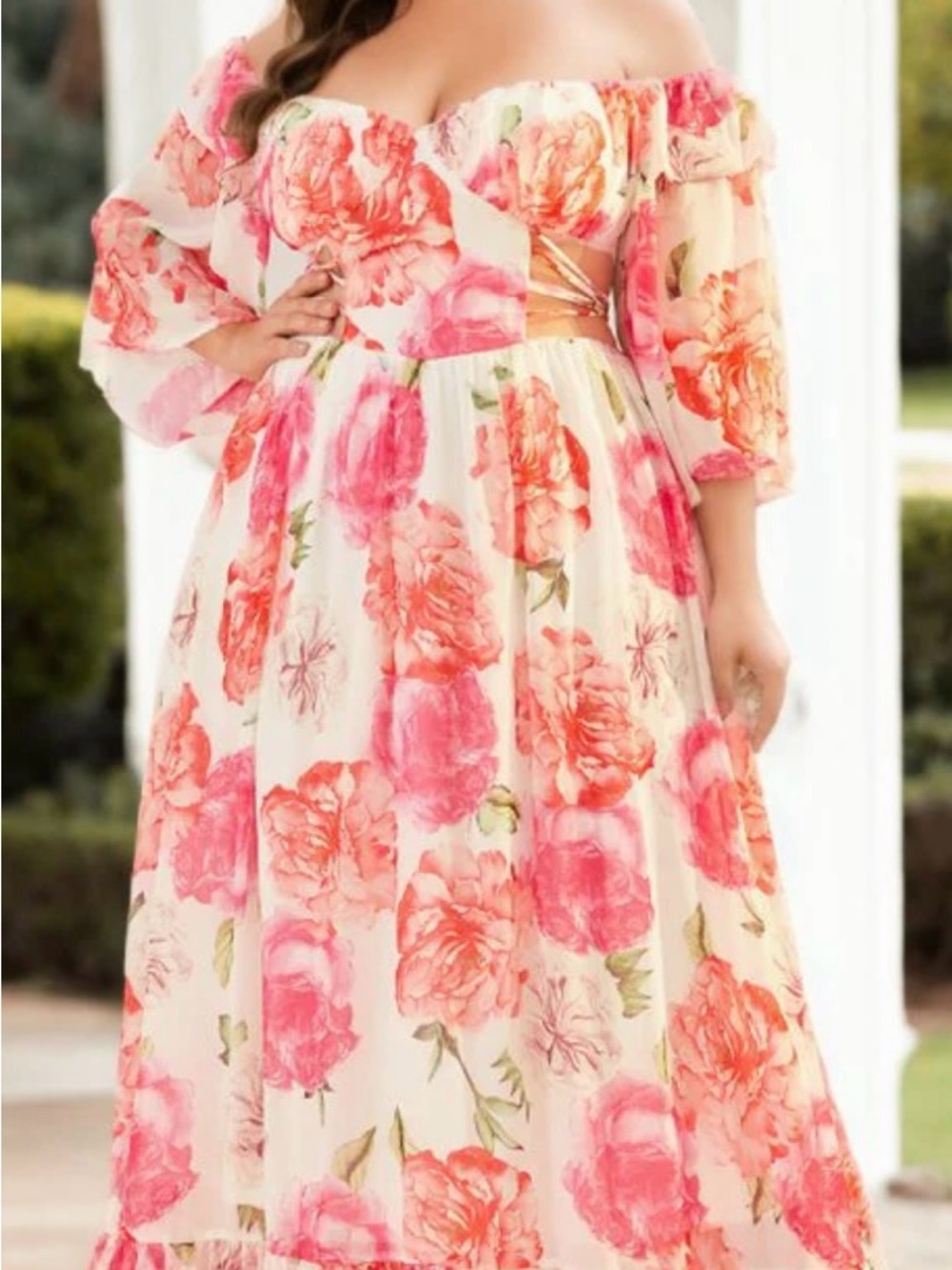 Plus Floral Off-Shoulder Maxi Dress in Pink & Coral